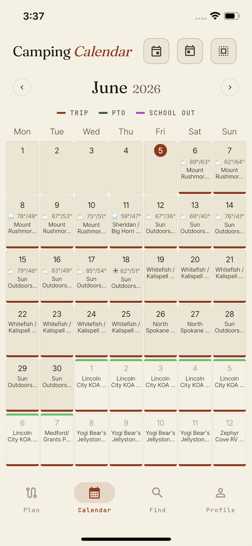 Camping calendar showing trips, PTO, and school-out days