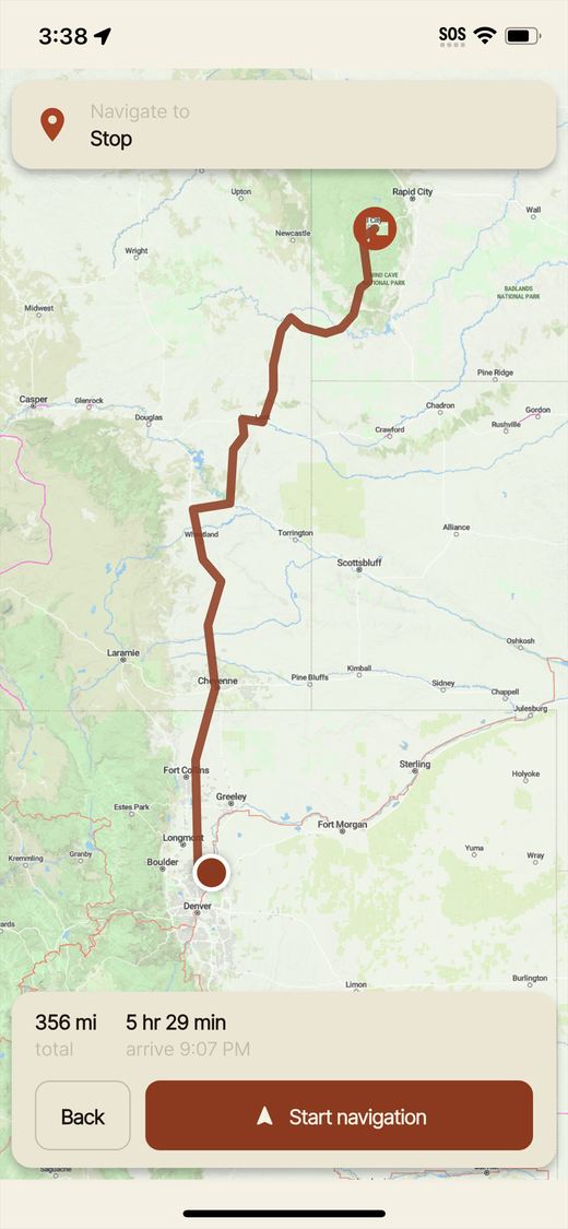 Rig-safe navigation route with drive time and distance