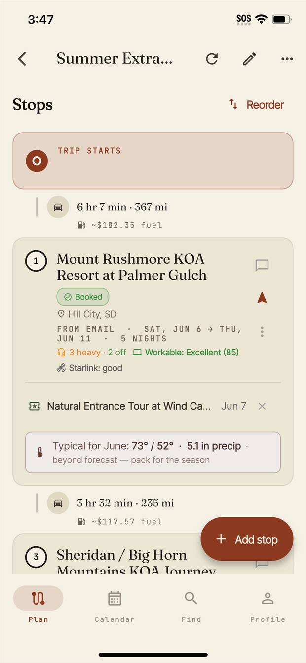 Camp Roostly trip stops showing a work-readiness score and Starlink rating