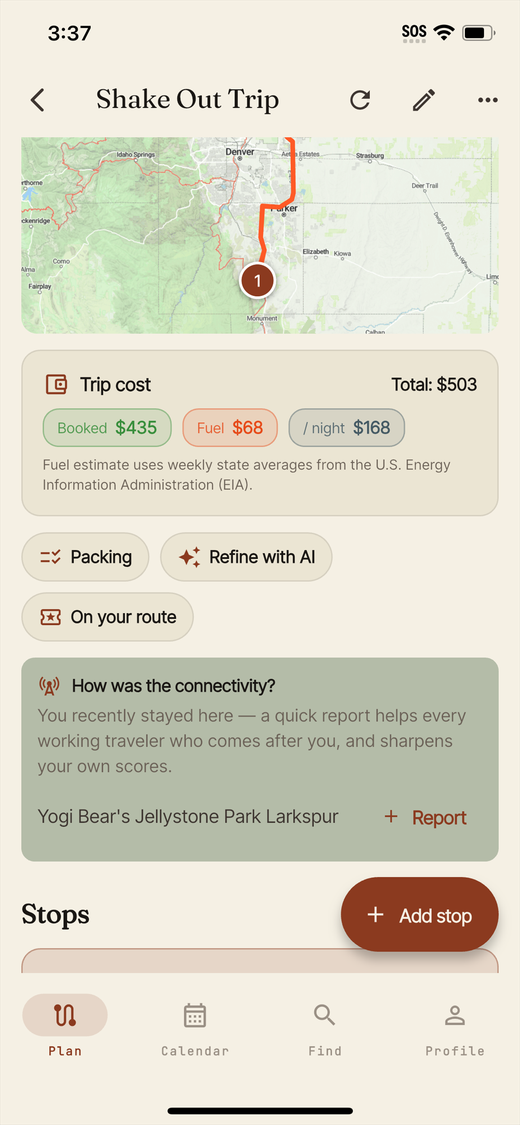 Trip overview with cost breakdown and a connectivity report prompt